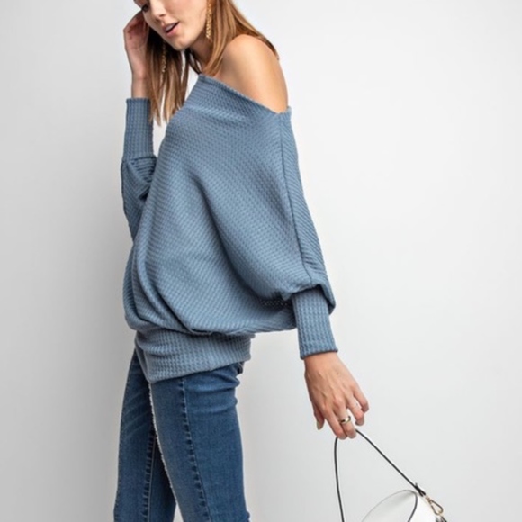 HELEN Off Shoulder Thermal Tunic Top - SLATE BLUE - Picture 2 of 3